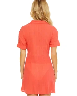 BECCA Playa Textured Collared Wrap Shirtdress Cover-Up Grapefruit Best