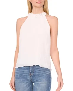 CeCe Pleated 3D Floral Halter Neck Top New Ivory Discount