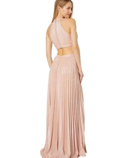 BCBGMAXAZRIA Pleated Metallic Cross Neck Evening Gown Bare Pink Online