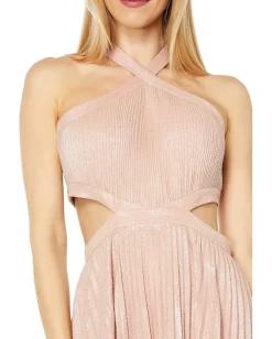 BCBGMAXAZRIA Pleated Metallic Cross Neck Evening Gown Bare Pink Online