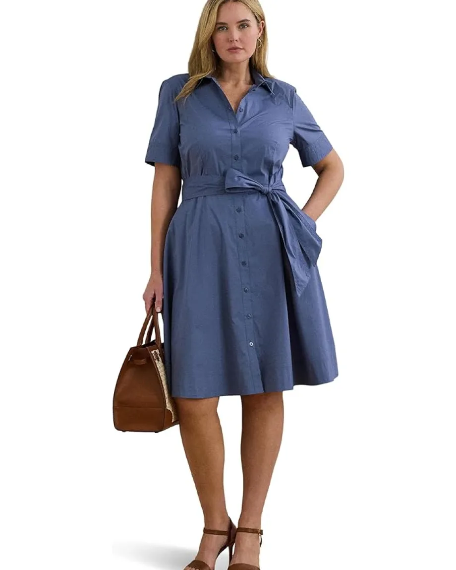 Lauren Ralph Lauren Plus Size Belted Cotton-Blend Shirtdress Capri Blue Sale
