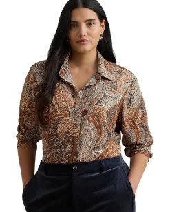 Lauren Ralph Lauren Plus Size Classic Fit Paisley Crepe Shirt Cream Multi