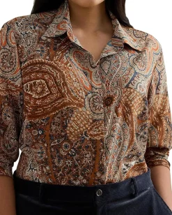 Lauren Ralph Lauren Plus Size Classic Fit Paisley Crepe Shirt Cream Multi