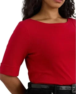 Lauren Ralph Lauren Plus Size Cotton Boat Neck T-Shirt Ralph Red Best