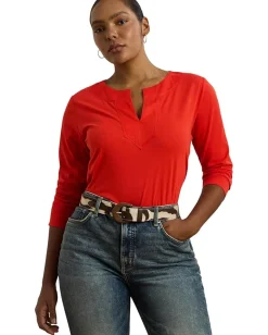 Lauren Ralph Lauren Plus Size Cotton Jersey Three-quarter-sleeve Tunic Bright Vermilion New