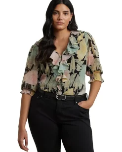 Lauren Ralph Lauren Plus Size Floral Georgette Ruffle-trim Blouse Black/Pink/Green Clearance