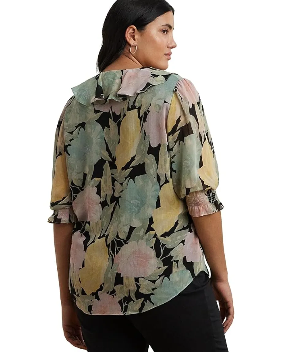 Lauren Ralph Lauren Plus Size Floral Georgette Ruffle-trim Blouse Black/Pink/Green Clearance