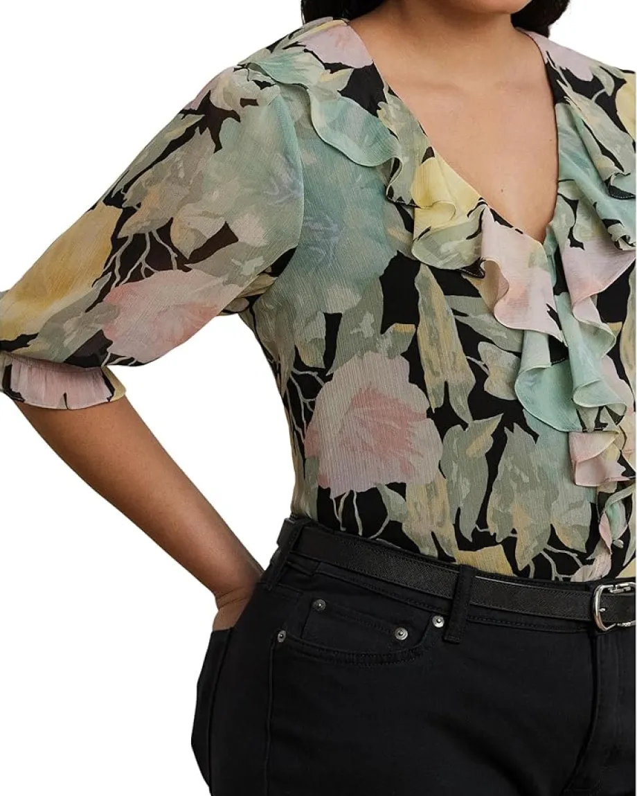 Lauren Ralph Lauren Plus Size Floral Georgette Ruffle-trim Blouse Black/Pink/Green Clearance