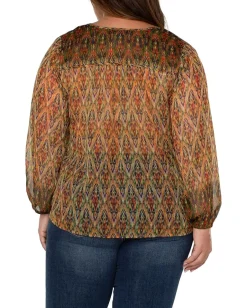 Women Liverpool Los Angeles Plus Size Long Sleeve Double Layer Tie Front Woven Blouse