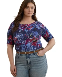 Lauren Ralph Lauren Plus Size Print Stretch Cotton Boatneck Tee Blue Multi Sale