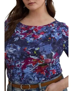 Lauren Ralph Lauren Plus Size Print Stretch Cotton Boatneck Tee Blue Multi Sale