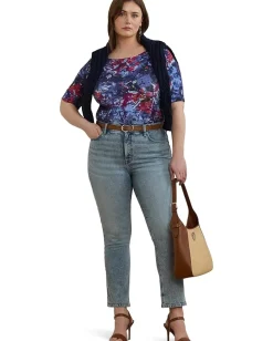 Lauren Ralph Lauren Plus Size Print Stretch Cotton Boatneck Tee Blue Multi Sale