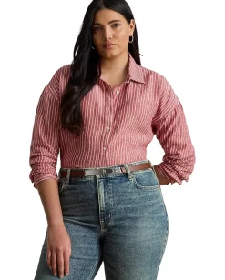 Women Lauren Ralph Lauren Plus Size Relaxed Fit Striped Linen Shirt