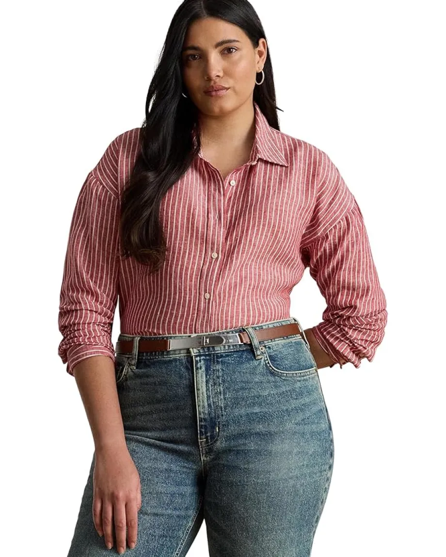 Women Lauren Ralph Lauren Plus Size Relaxed Fit Striped Linen Shirt