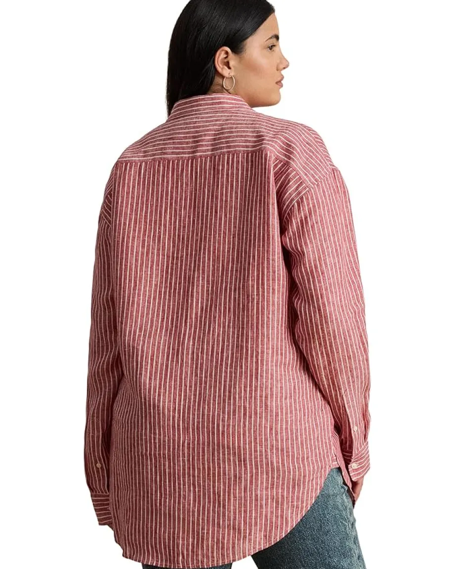 Women Lauren Ralph Lauren Plus Size Relaxed Fit Striped Linen Shirt