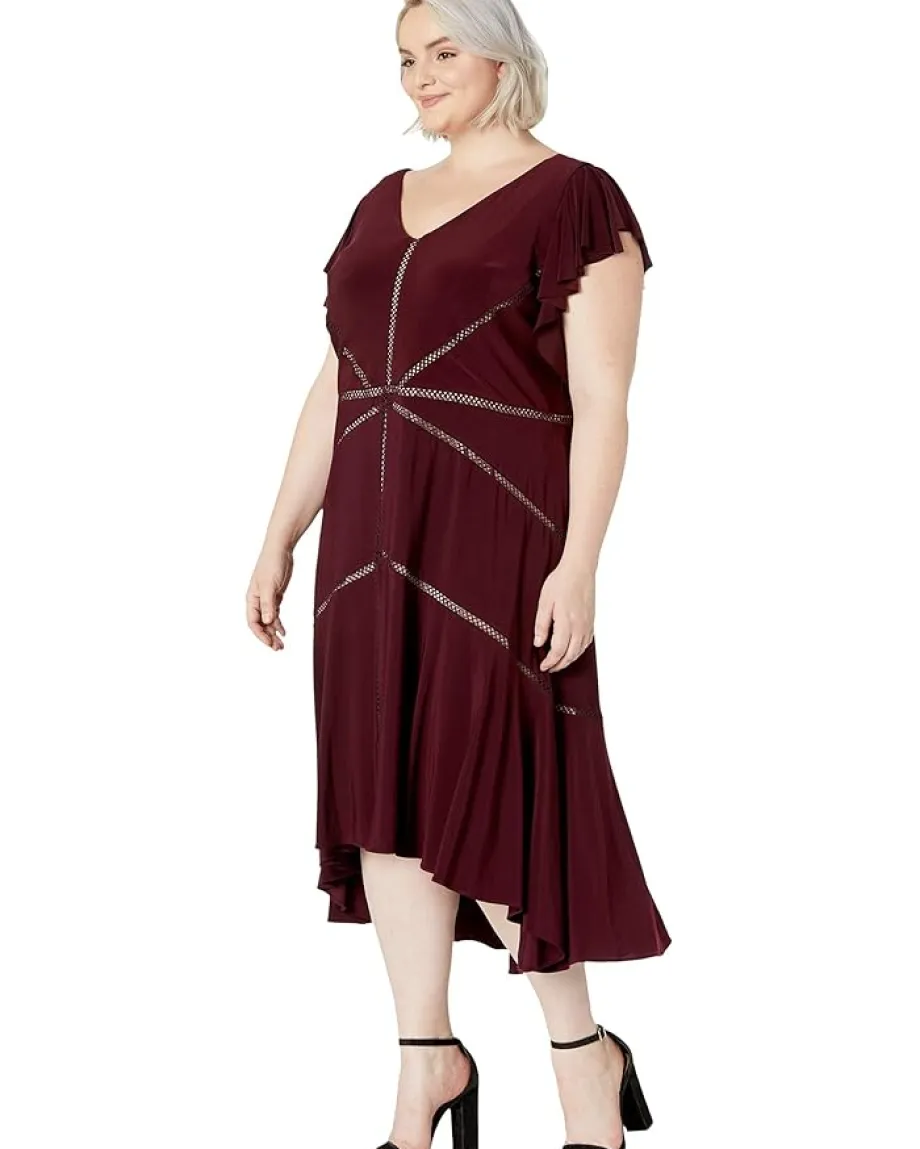 Taylor Plus Size Ruffle Sleeve Solid High-Low Dress Burgundy/Blush Discount