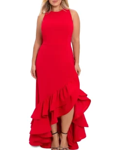 Betsy & Adam Plus Size Ruffle Tier Scuba Crepe Red