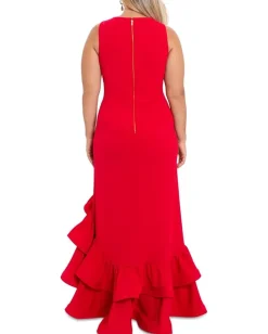 Betsy & Adam Plus Size Ruffle Tier Scuba Crepe Red