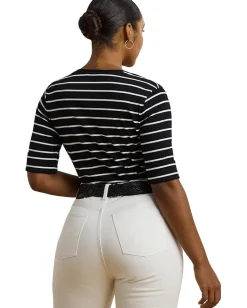 Lauren Ralph Lauren Plus Size Striped Cotton Elbow-sleeve V-neck Tee Black/White Sale