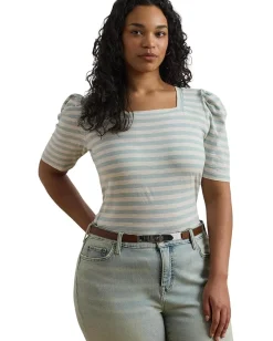 Women Lauren Ralph Lauren Plus Size Striped Cotton Jersey Puff-sleeve Tee