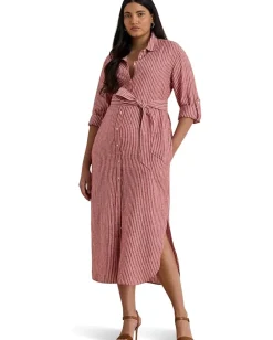 Lauren Ralph Lauren Plus Size Striped Linen Roll-tab-sleeve Shirtdress Light Red/White Sale