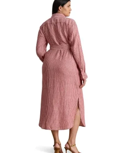 Lauren Ralph Lauren Plus Size Striped Linen Roll-tab-sleeve Shirtdress Light Red/White Sale