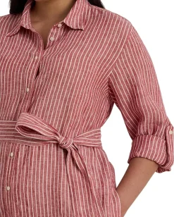 Lauren Ralph Lauren Plus Size Striped Linen Roll-tab-sleeve Shirtdress Light Red/White Sale