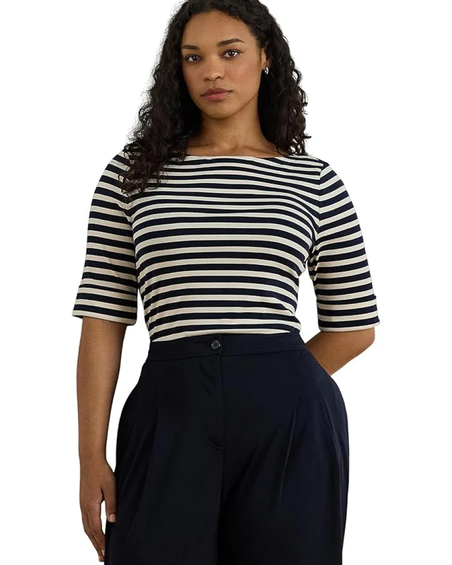 Women Lauren Ralph Lauren Plus Size Striped Stretch Cotton Boatneck Tee