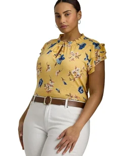 Lauren Ralph Lauren Plus-Size Floral Linen-Blend Jersey Tie-Neck Top Yellow Multi