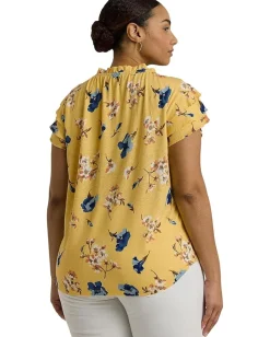 Lauren Ralph Lauren Plus-Size Floral Linen-Blend Jersey Tie-Neck Top Yellow Multi
