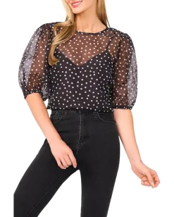 CeCe Polka Dot Balloon Short Sleeve Crew Neck Top Rich Black New