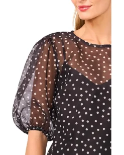CeCe Polka Dot Balloon Short Sleeve Crew Neck Top Rich Black New