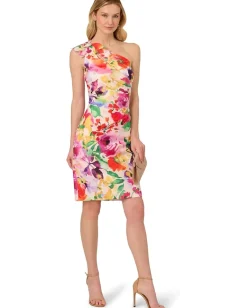 Adrianna Papell Print One Shoulder Dress Pink Multi Best
