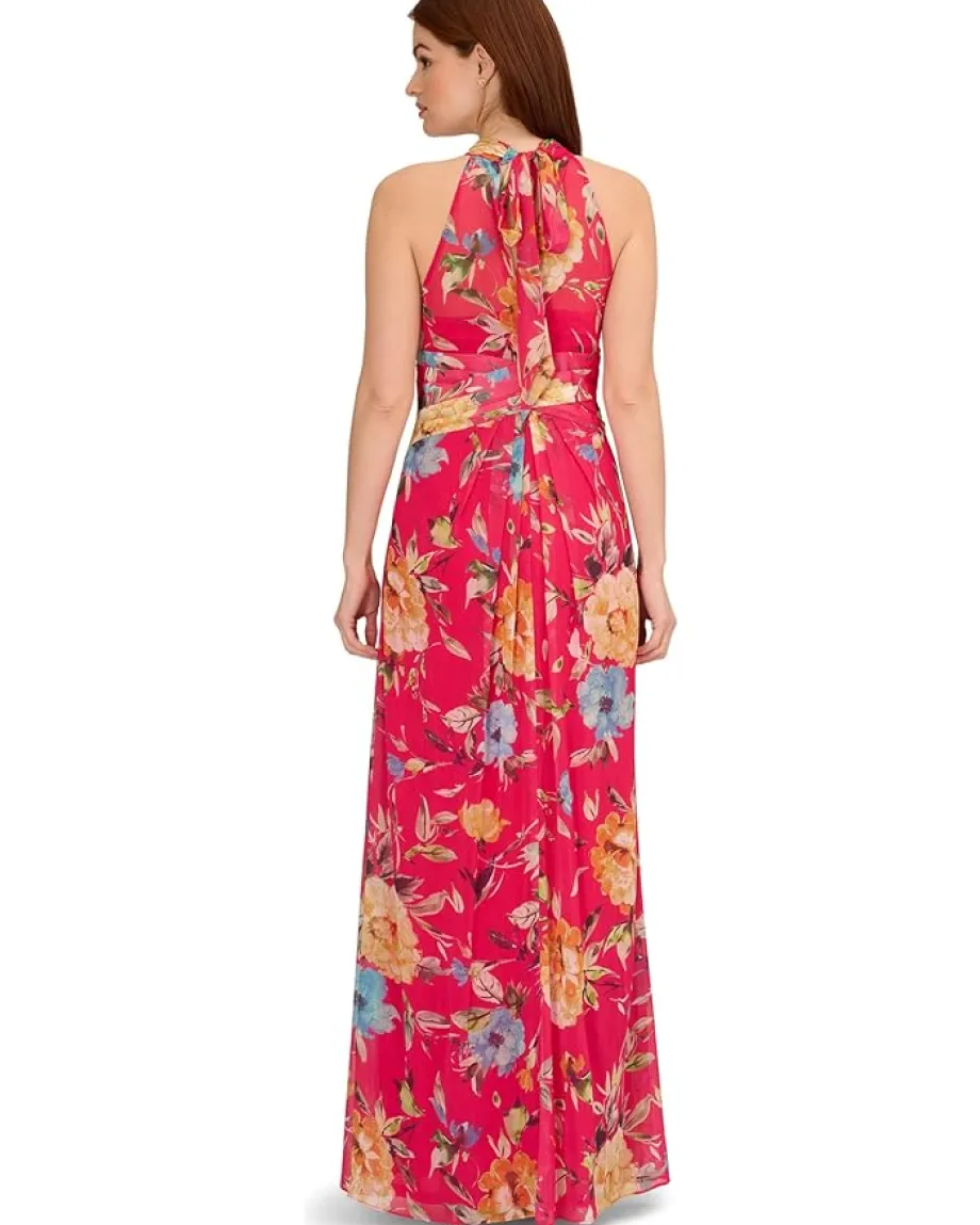 Women Adrianna Papell Printed Chiffon Mock Neck Halter Long Gown