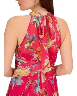 Women Adrianna Papell Printed Chiffon Mock Neck Halter Long Gown