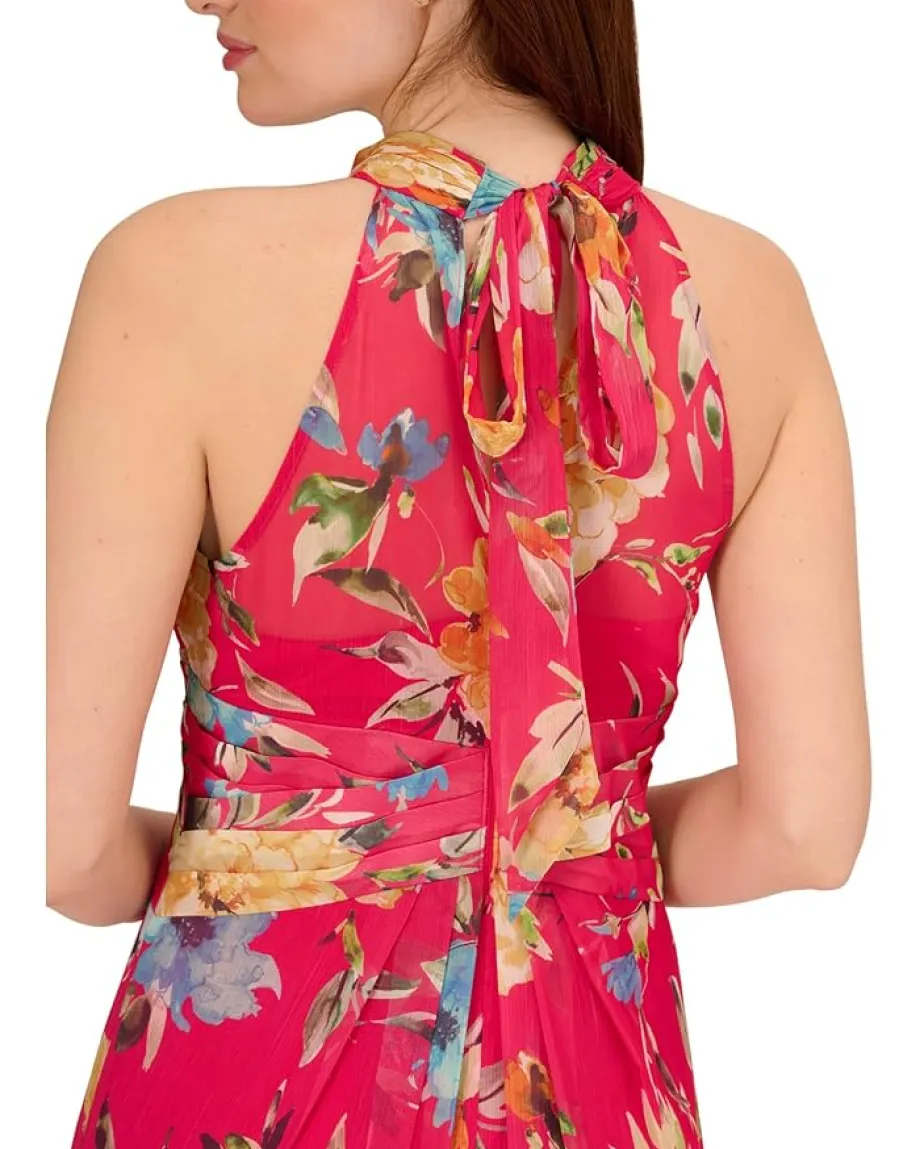Women Adrianna Papell Printed Chiffon Mock Neck Halter Long Gown