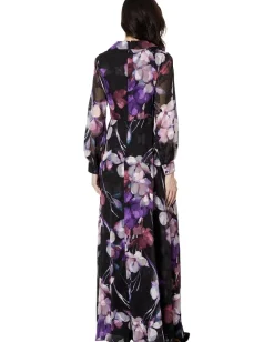 Adrianna Papell Printed Floral Long Sleeve Shirt Dress Gown Black Multi Outlet