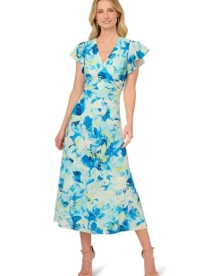 Adrianna Papell Printed Flutter Ankle Dress Blue Multi Discount