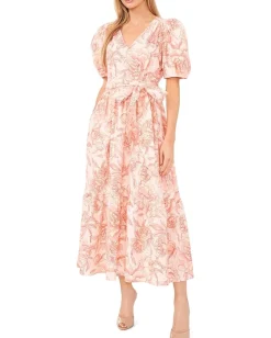 Women CeCe Printed Linen Puff Sleeve V-Neck Maxi Dress