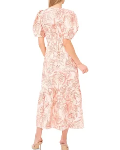 Women CeCe Printed Linen Puff Sleeve V-Neck Maxi Dress