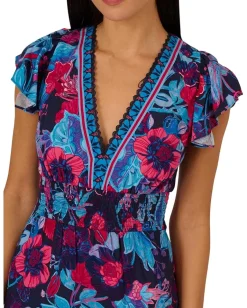 Adrianna Papell Printed Midi Dress Navy/Pink Multi Online