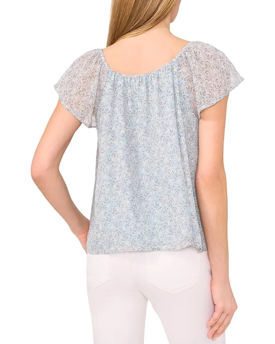 CeCe Printed Round Neckline Flutter Slv Top Blue Pearl New