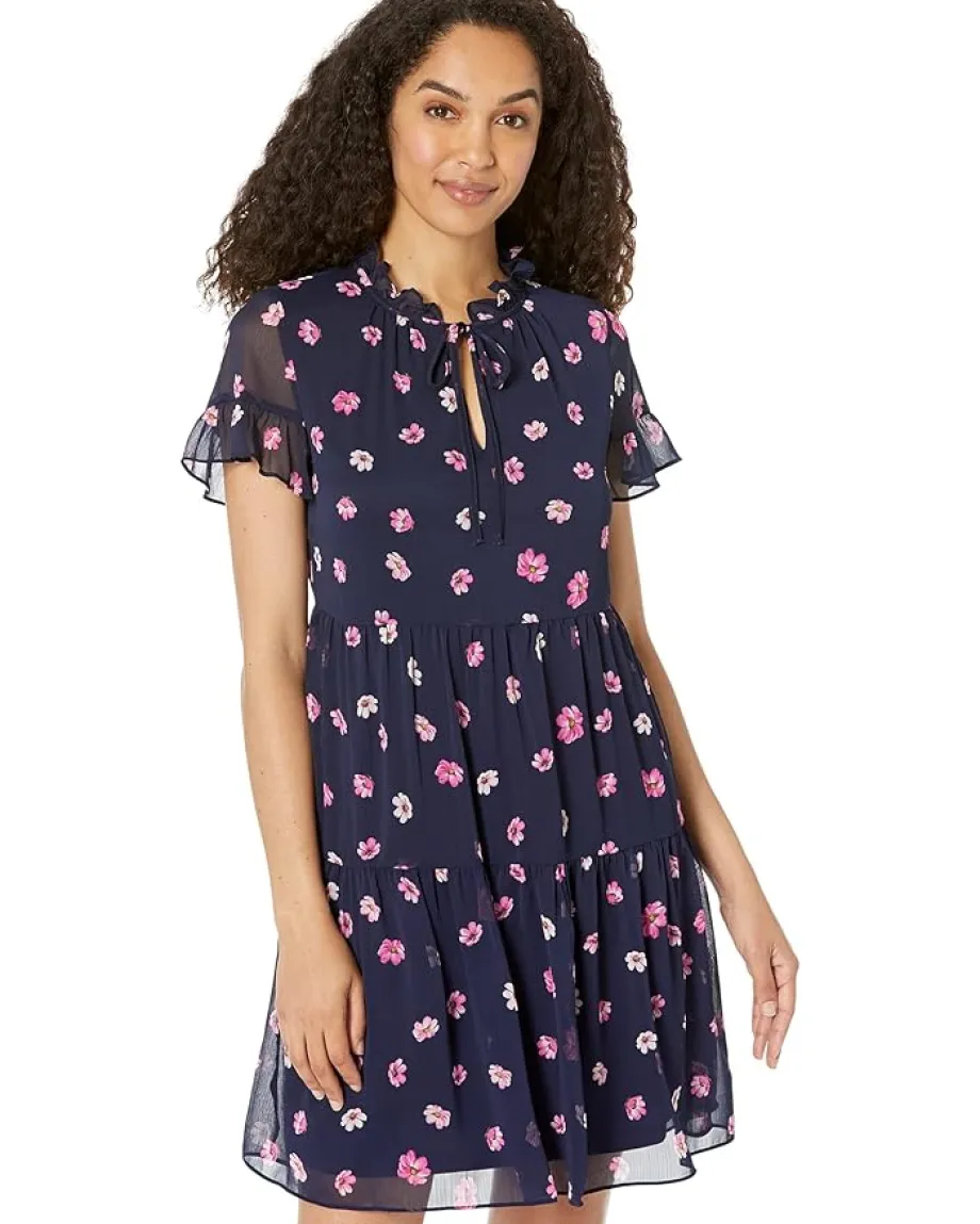 Women DKNY Printed Ruffle Neck Dress