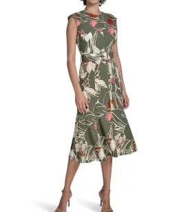 Calvin Klein Printed Scuba Crepe Belted Midi Antq/White/Multi Sale