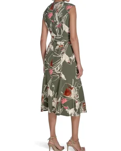 Calvin Klein Printed Scuba Crepe Belted Midi Antq/White/Multi Sale