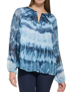 Calvin Klein Printed Shirred Front Long Sleeve Dusk/Black New