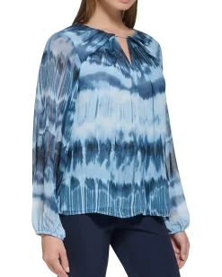 Calvin Klein Printed Shirred Front Long Sleeve Dusk/Black New