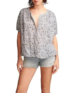 Lucky Brand Printed Smocked Shoulder Blouse Blue Multi Best