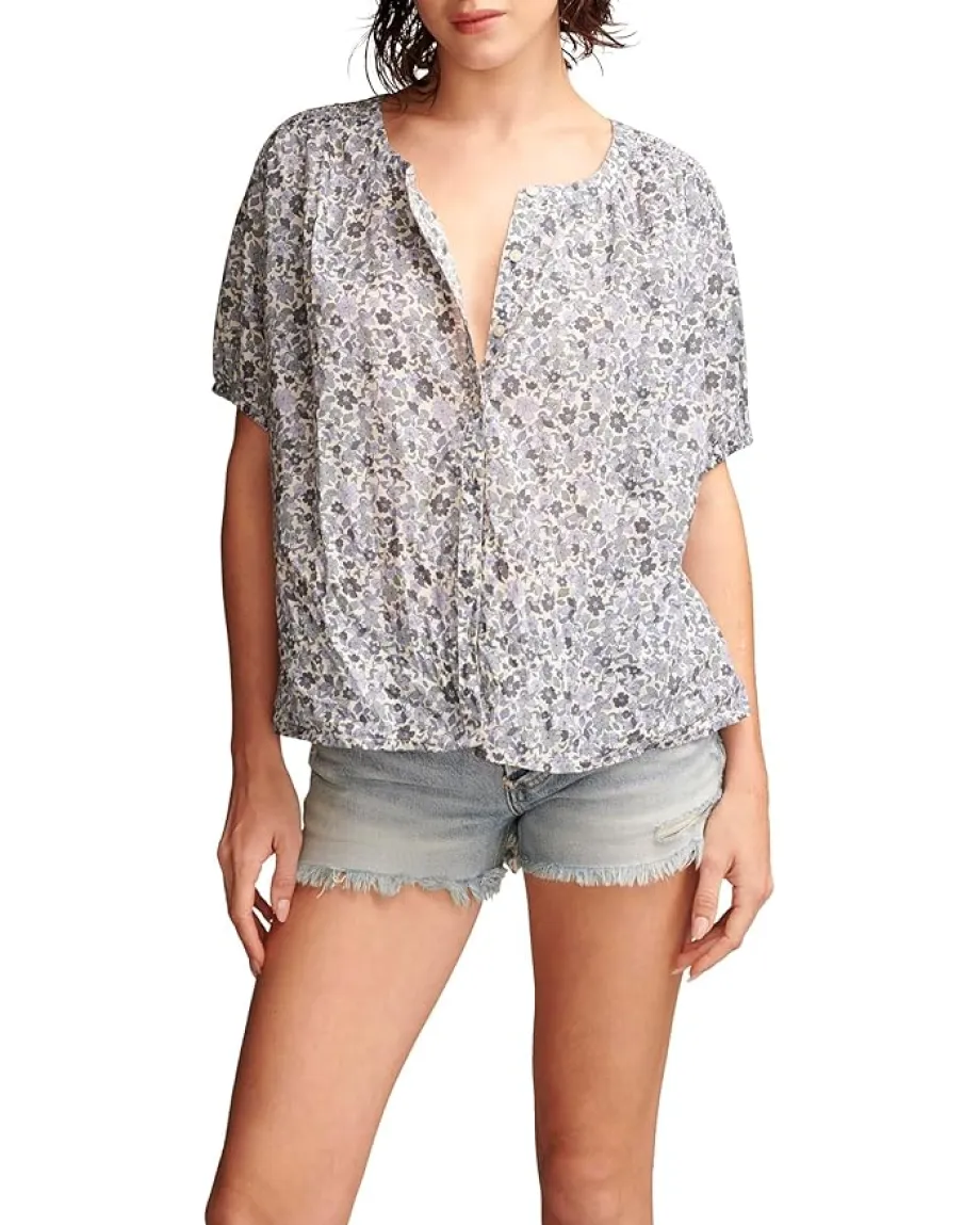 Lucky Brand Printed Smocked Shoulder Blouse Blue Multi Best