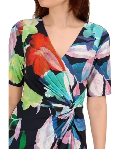 Adrianna Papell Printed Stretch Crepe Chiffon Short Sleeve Side Wrap Dress Dark Navy Multi Sale